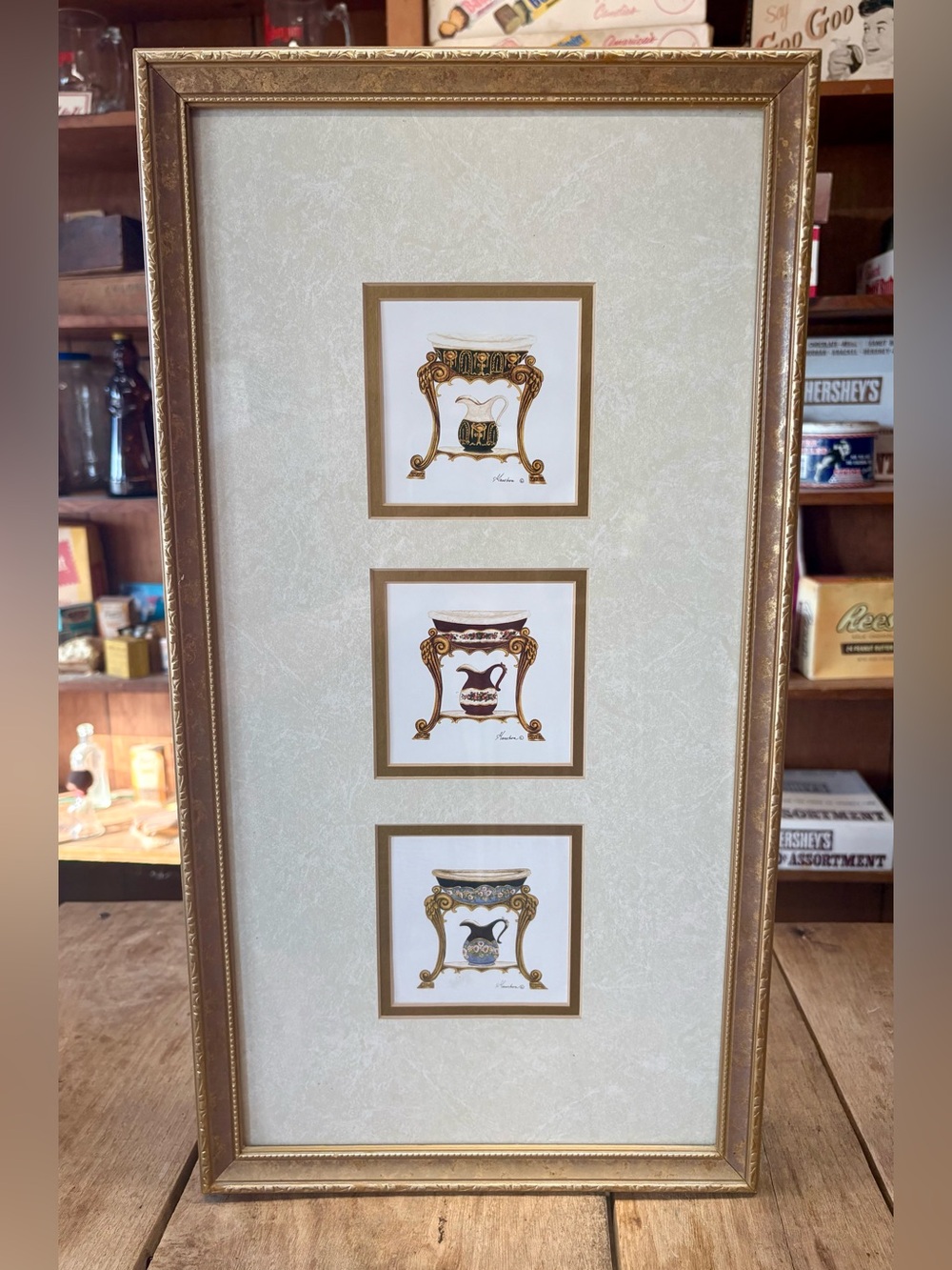 Vintage Victorian Framed
 Triple Wash Basin - Gold & Cream